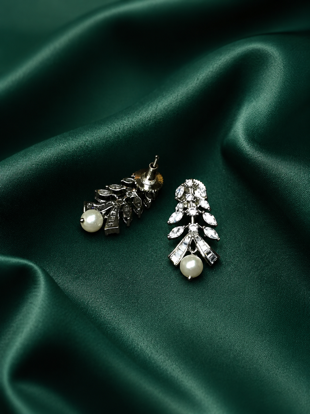 Zevar Club Rhodium-Plated Handcrafted Cubic Zirconia & Pearl Drop Earrings with Leaf Design