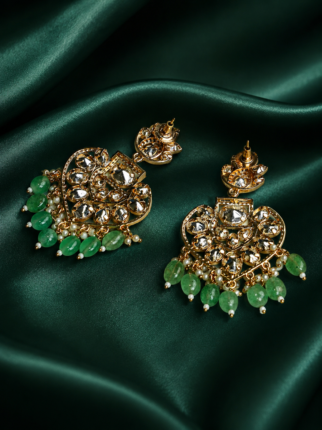 Sage Green Kundan Chandbaali Earrings