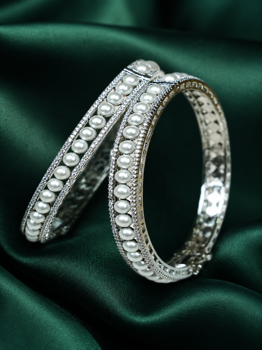 Zevar Club Set of 2 Rhodium-Plated Handcrafted Pearl Beaded & AAA Zirconia Premium Bangles