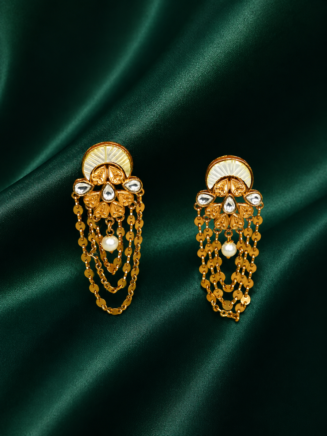 Zevar Club 22K Gold-Plated Handcrafted Off-White Enamelled Kundan Earrings with Pearl & Multi-Layered Gold-Toned Chains