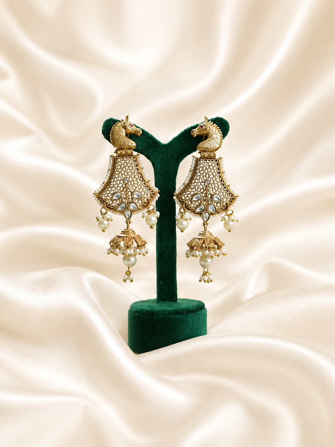 Horse Shaped Antique Gold Pearl Jhumkis