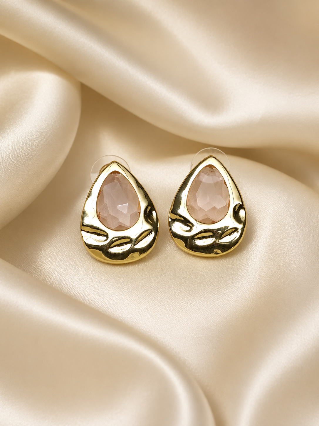 Zevar Club Matte Gold Tone Stainless Steel Tarnish Free Waterproof Tear Drop-Shaped Pastel Pink Stone Stud Earrings for Women