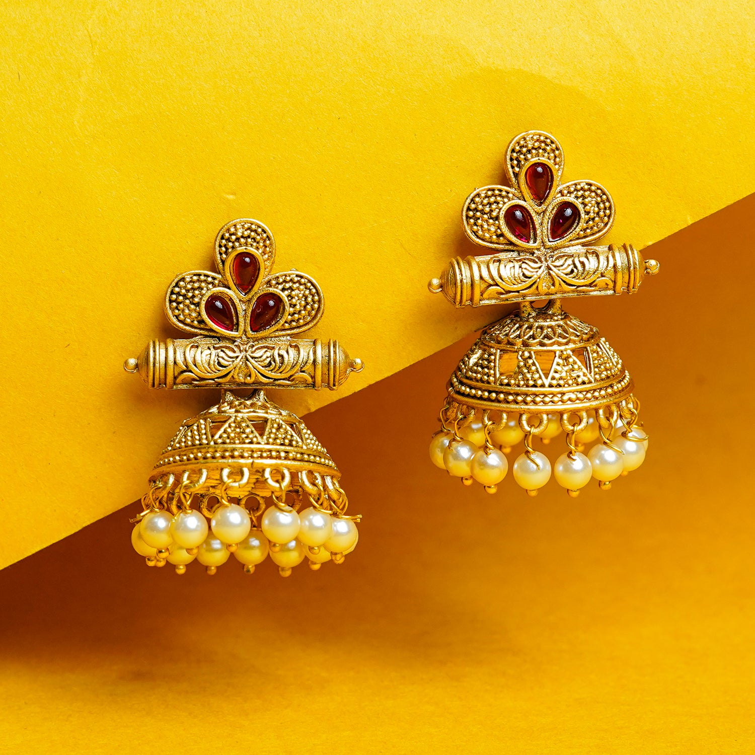 Zevar Club 18K Gold-Plated Red Stone Studded Dome Jhumka Earrings with Pearl Danglers