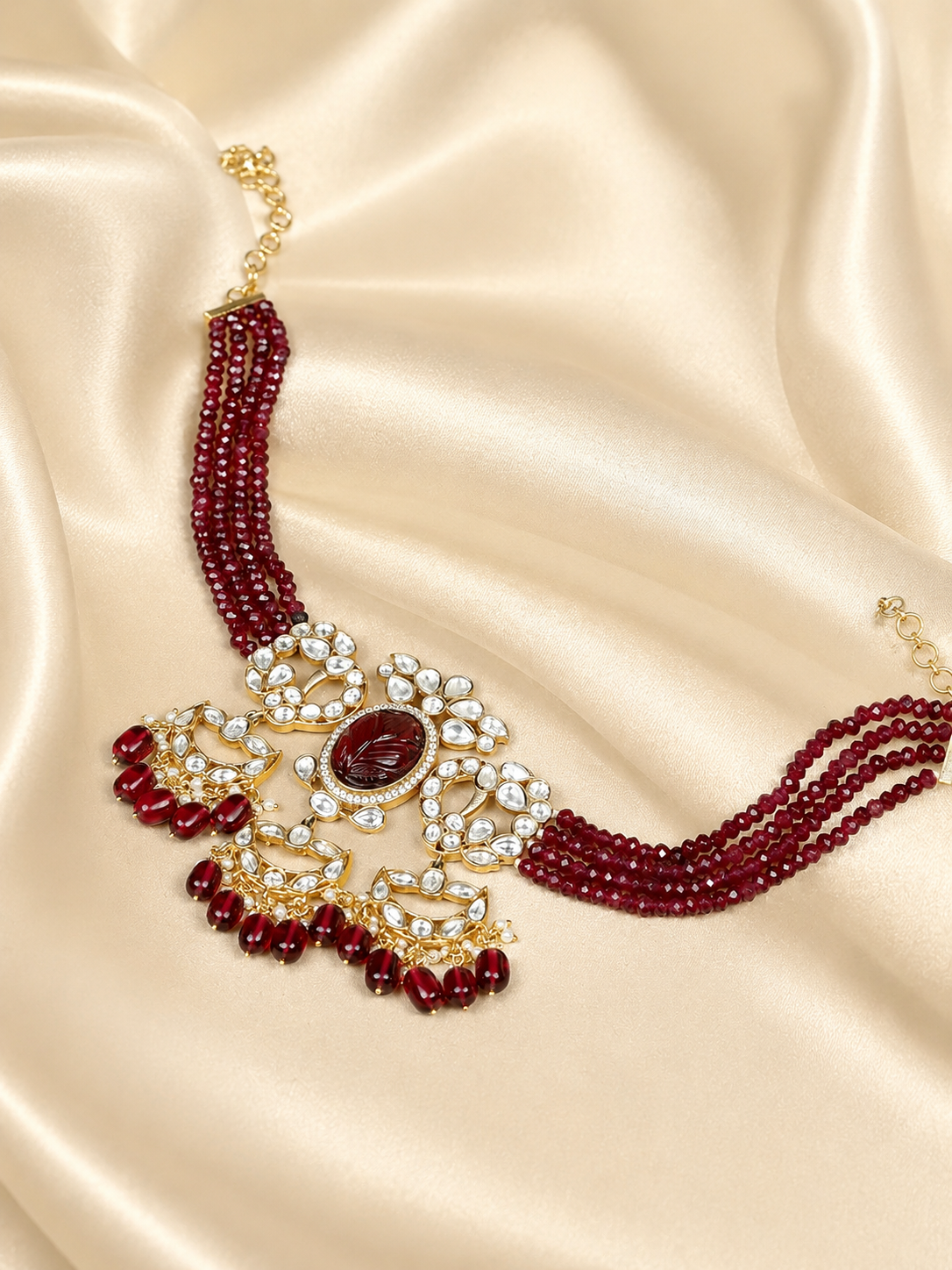Zevar Club Maroon Beaded Choker Necklace Set with White Kundan & Maroon Stone Studded Pendant and Matching Earrings for Women