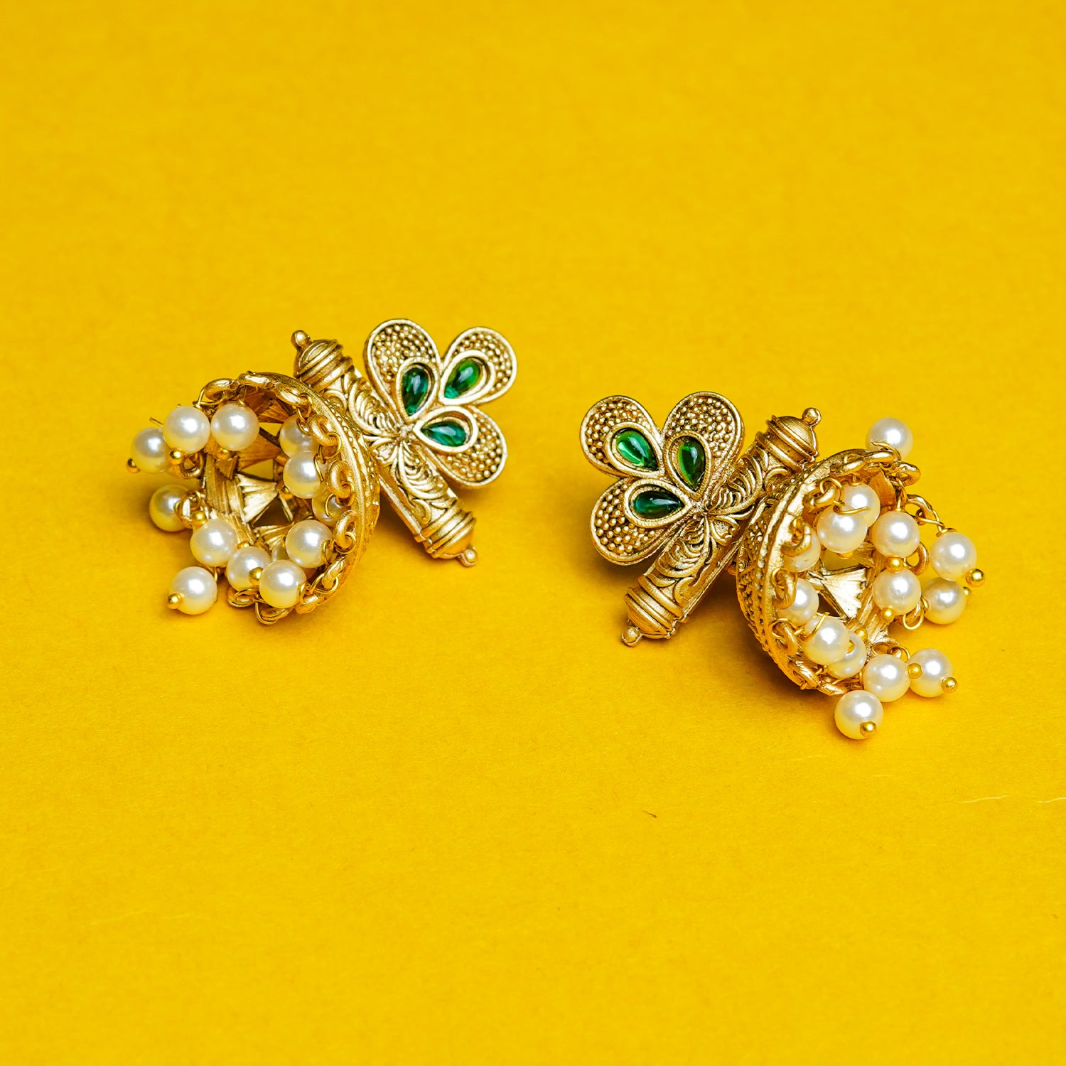 Zevar Club 18K Gold-Plated Green Stone Studded Dome Jhumka Earrings with Pearl Danglers