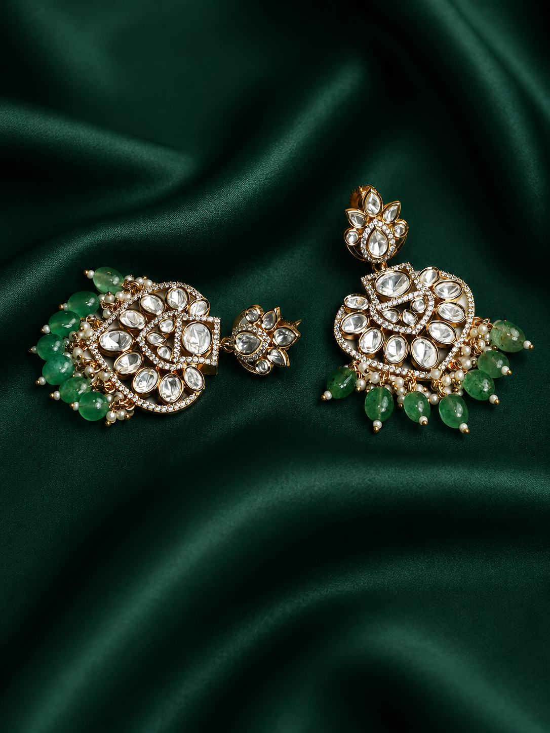 Sage Green Kundan Chandbaali Earrings