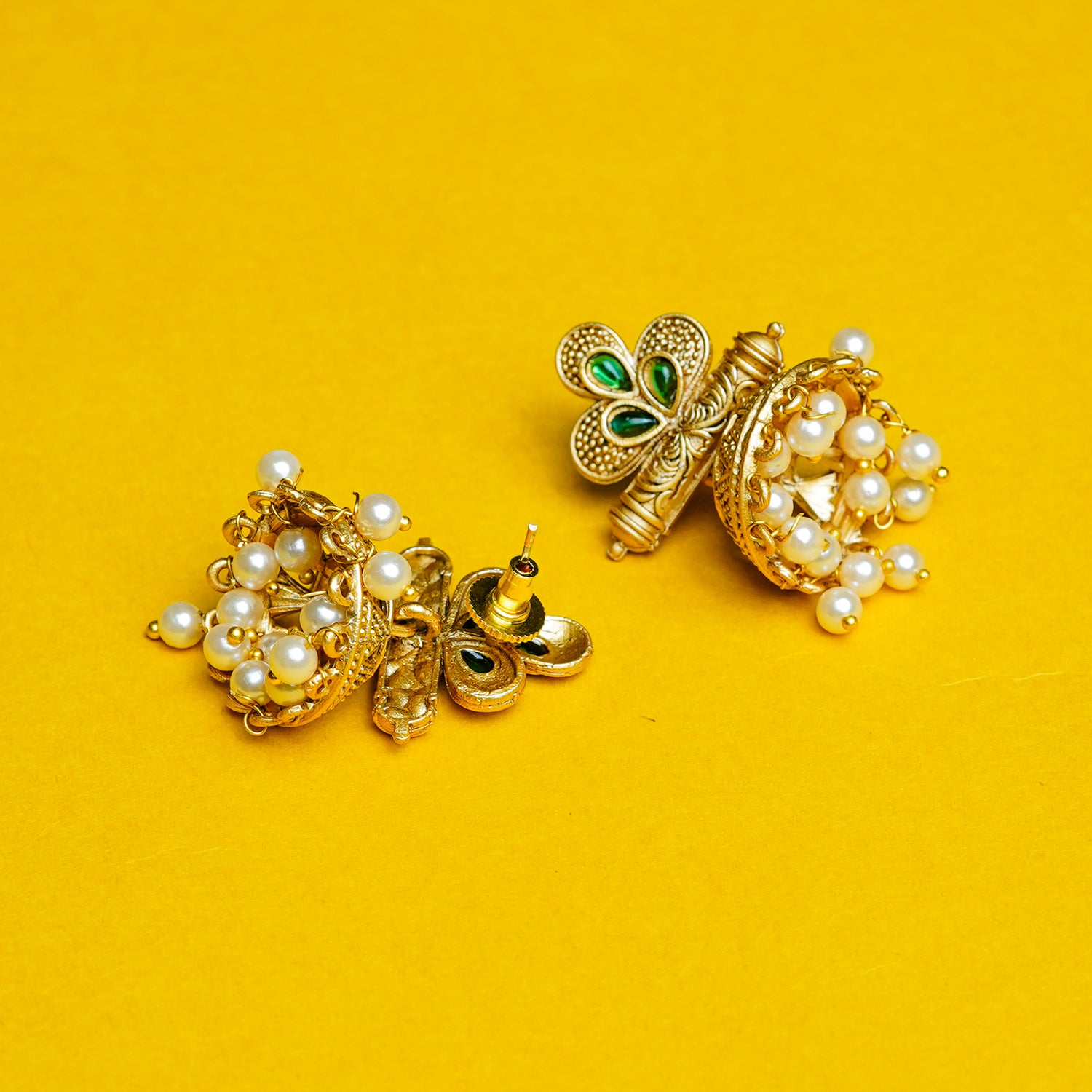 Zevar Club 18K Gold-Plated White Stone Studded Dome Jhumka Earrings with Pearl Danglers