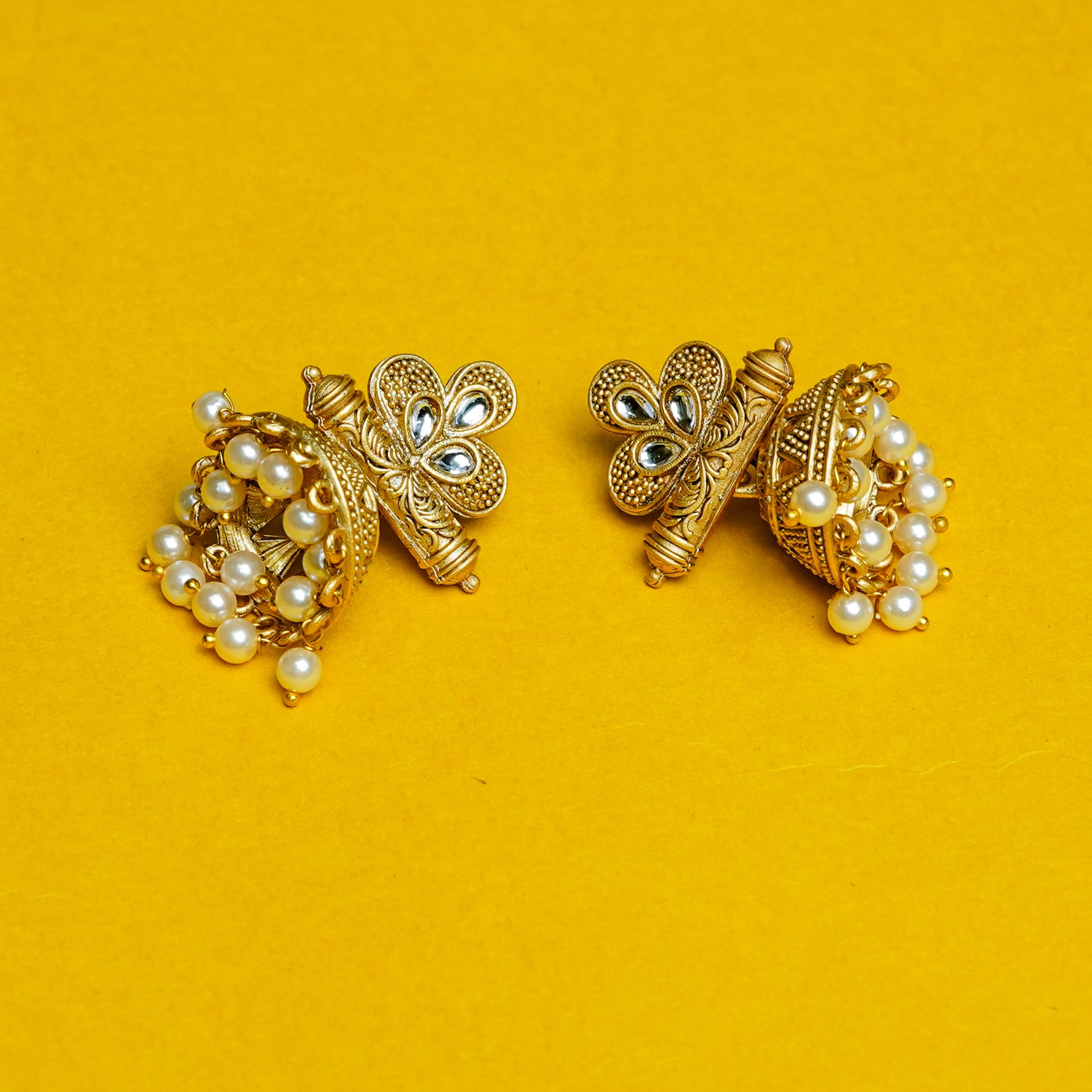 Zevar Club 18K Gold-Plated White Stone Studded Dome Jhumka Earrings with Pearl Danglers