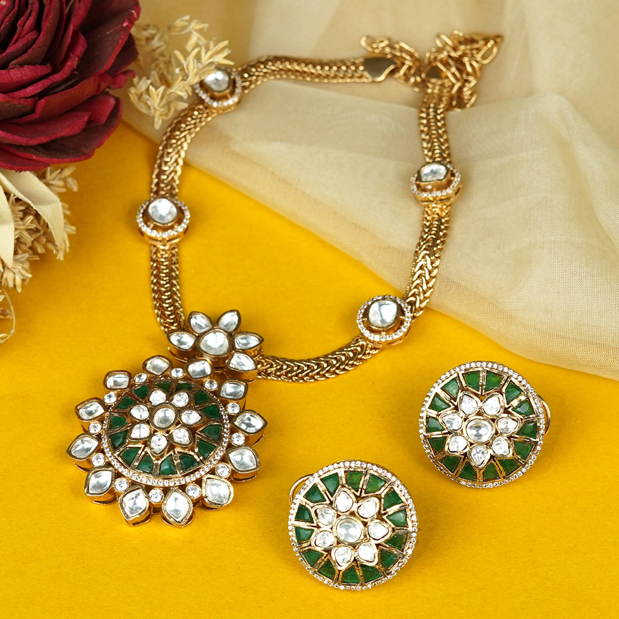 Zevar Club 24K Gold Plated White Kundan Studded Ruby Red Enamel Handcrafted Floral Jewellery Set with Pendant & Earrings for Women