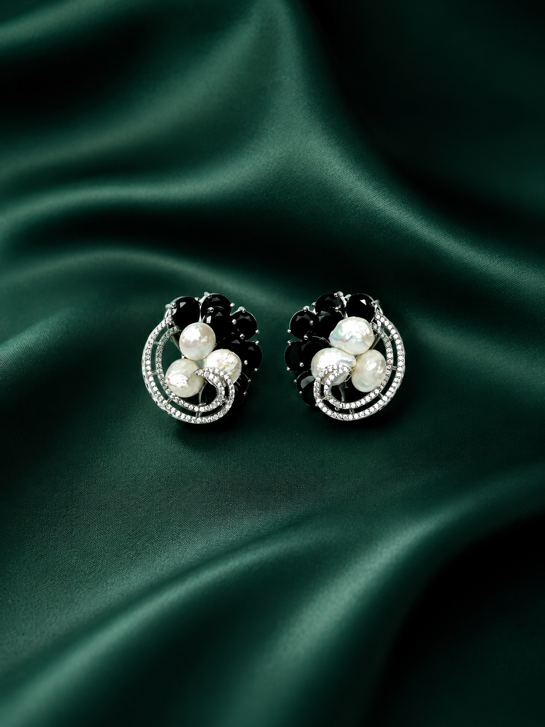 Zevar Club Rhodium-Plated Handcrafted Baroque Pearl & Black Crystal Cubic Zirconia Swirl Stud Earrings