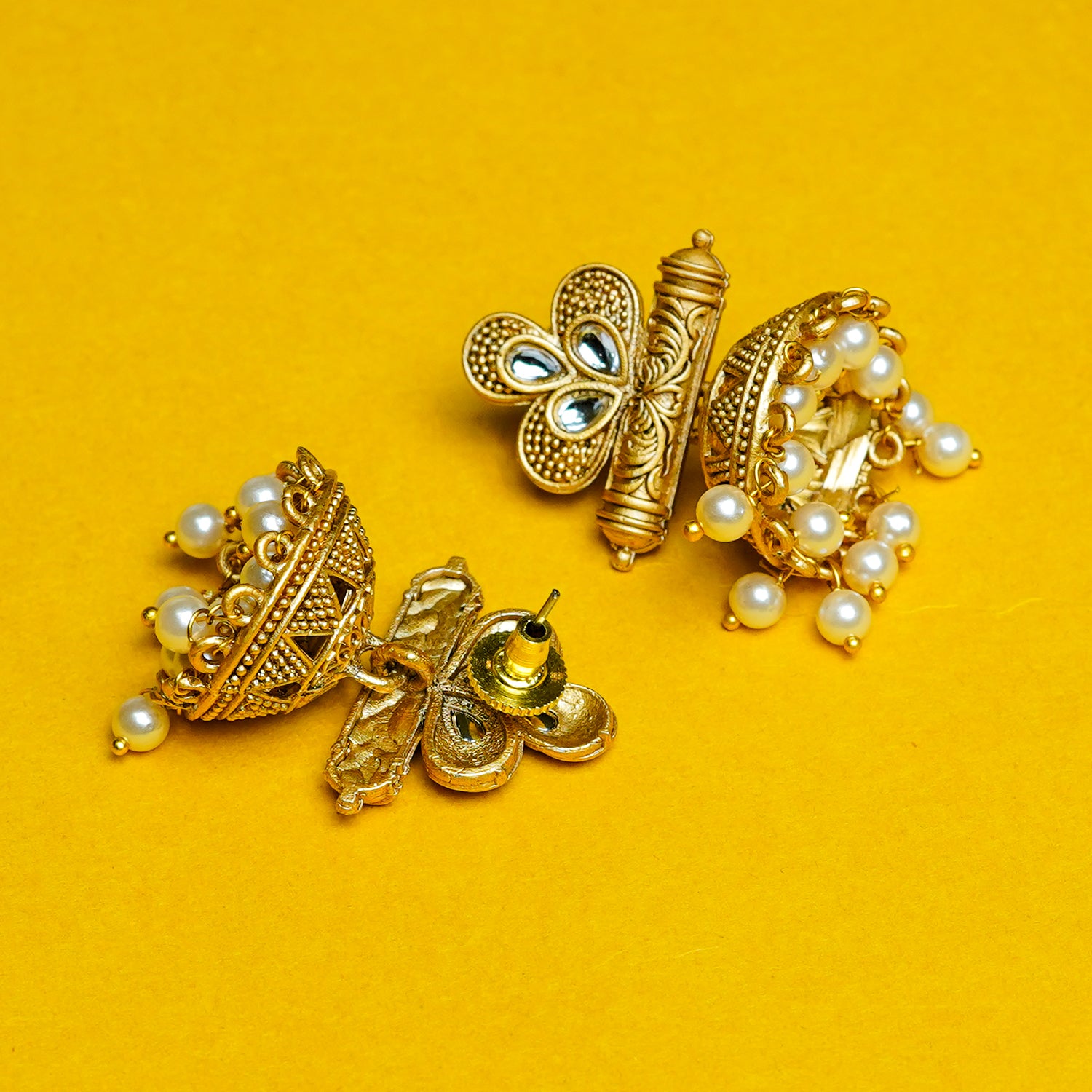Zevar Club 18K Gold-Plated White Stone Studded Dome Jhumka Earrings with Pearl Danglers