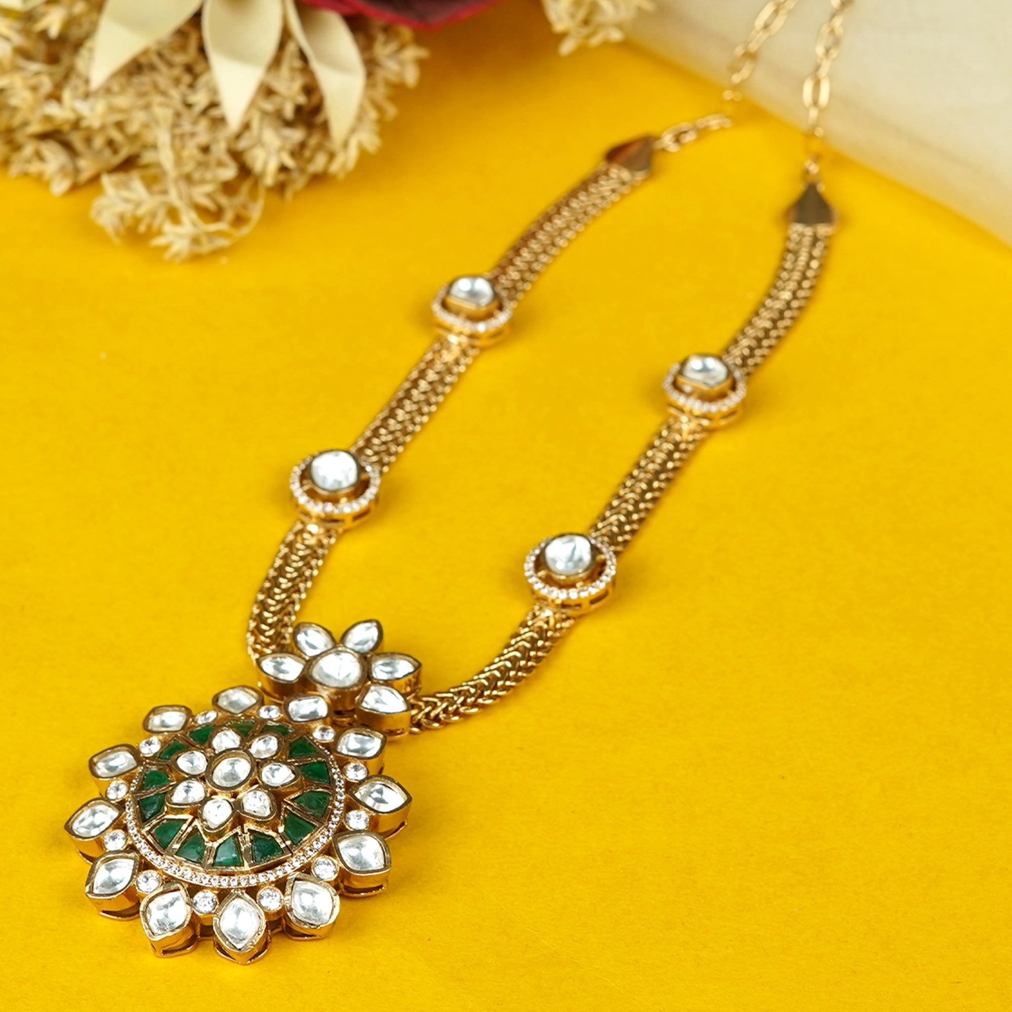 Zevar Club 24K Gold Plated White Kundan Studded Handcrafted Jewellery Set with Green Enamel Floral Pendant & Earrings for Women