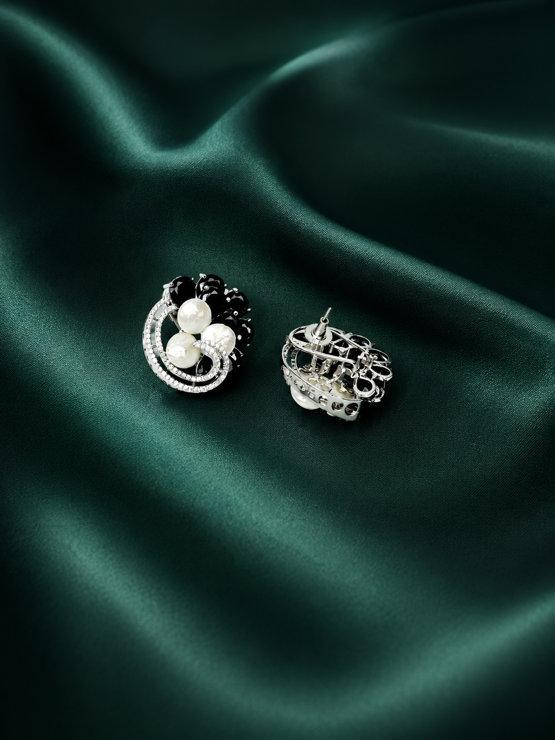Zevar Club Rhodium-Plated Handcrafted Baroque Pearl & Black Crystal Cubic Zirconia Swirl Stud Earrings