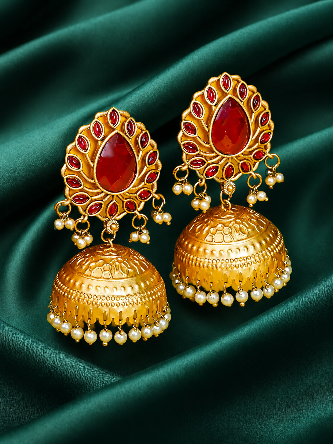 Zevar Club 22K Gold-Plated Ruby Red Stone Studded Jhumka Earrings with Pearl Drops