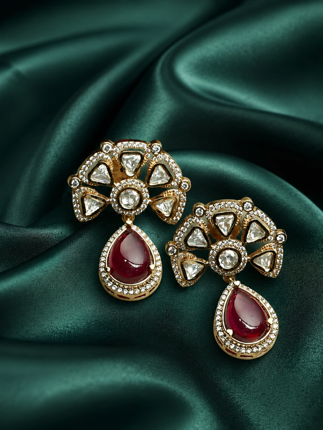 Zevar Club 12K Gold-Plated Raani Ruby Kundan Diamond Drop Earrings