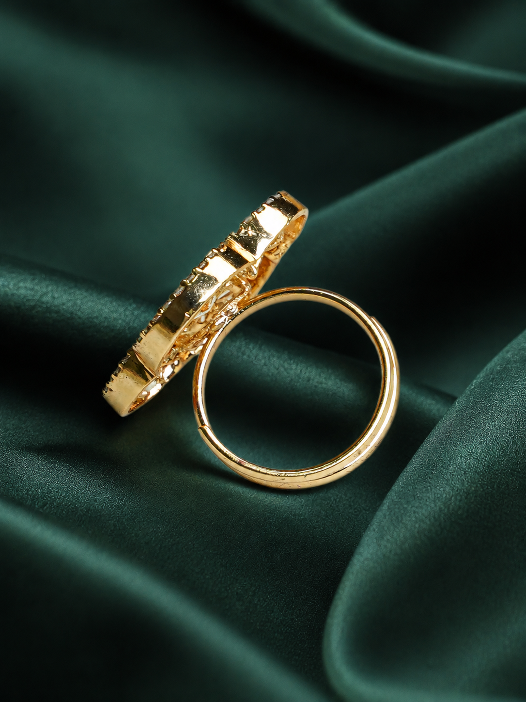 Zevar Club Gold-Toned White Kundan & Cubic Zirconia Studded Floral Adjustable Statement Ring