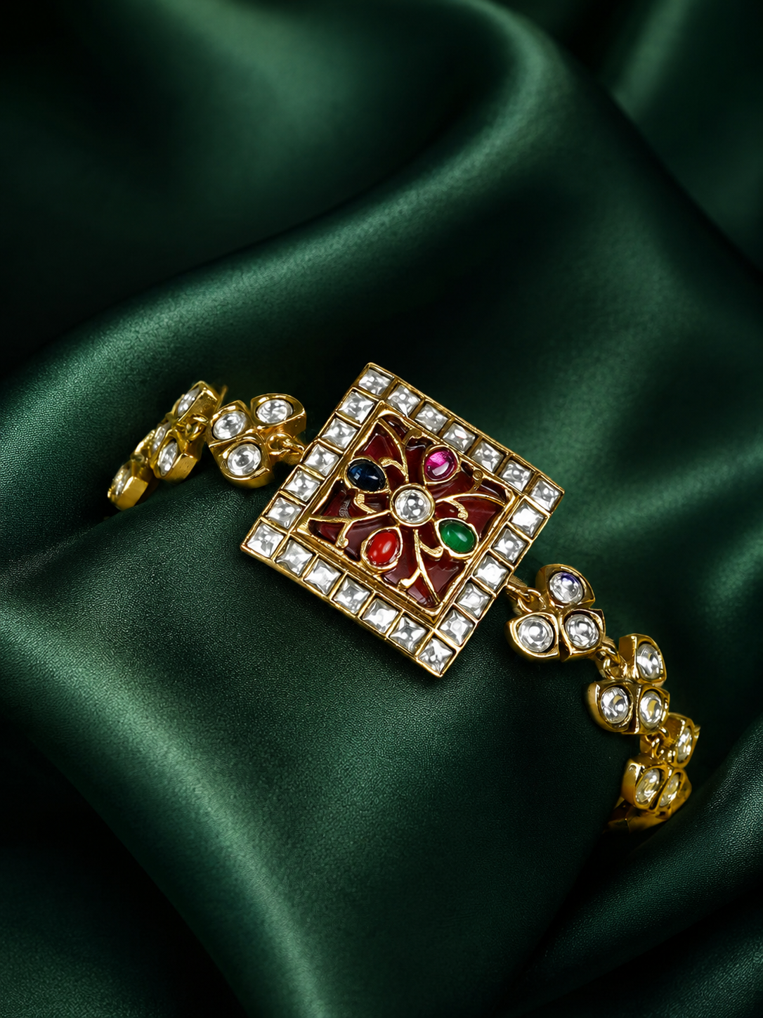 Zevar Club Gold Tone Multicolor Kundan Studded Handcrafted Square Floral Motif Bracelet with Shiny White Stone Drops for Women