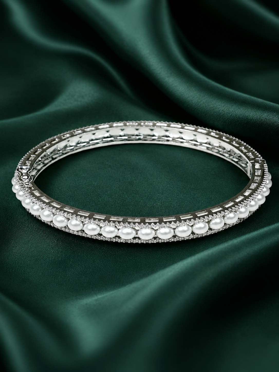 Zevar Club Set of 2 Rhodium-Plated Handcrafted Pearl Beaded & AAA Zirconia Premium Bangles