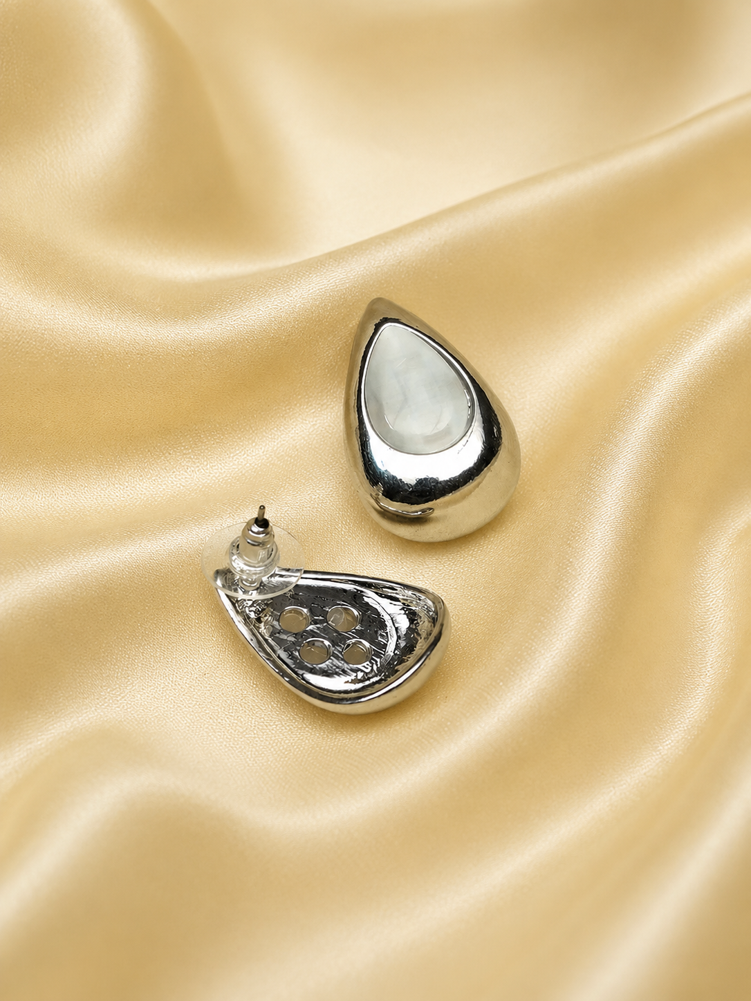 Zevar Club Glossy Silver Tone Stainless Steel Tarnish Free Waterproof Tear Drop-Shaped Mother of Pearl Stud Earrings for Women