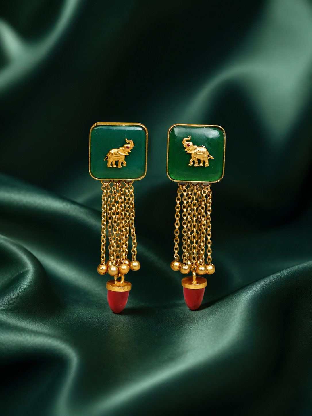 Zevar Club 22K Gold-Plated Handcrafted Green Enamelled Elephant Motif Earrings with Red Beads & Multi-Layered Chain Drops