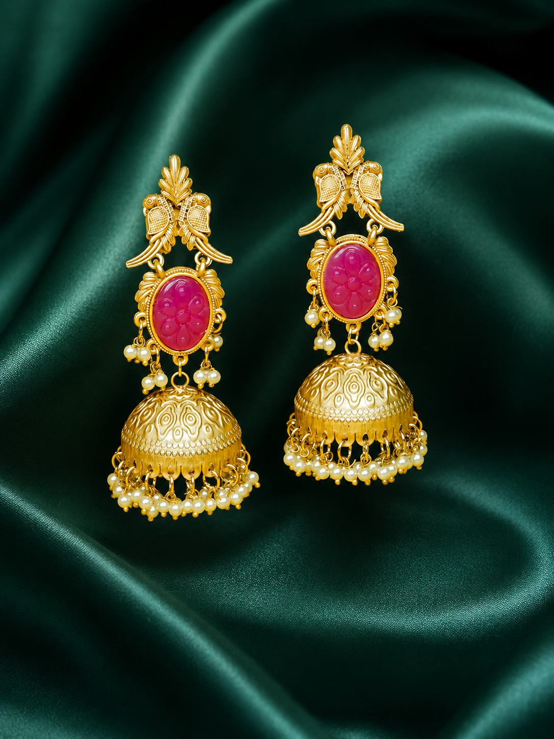 Zevar Club 22K Gold-Plated Ink Blue Carved Stone Jhumka Earrings with Birds & Pearls Drops