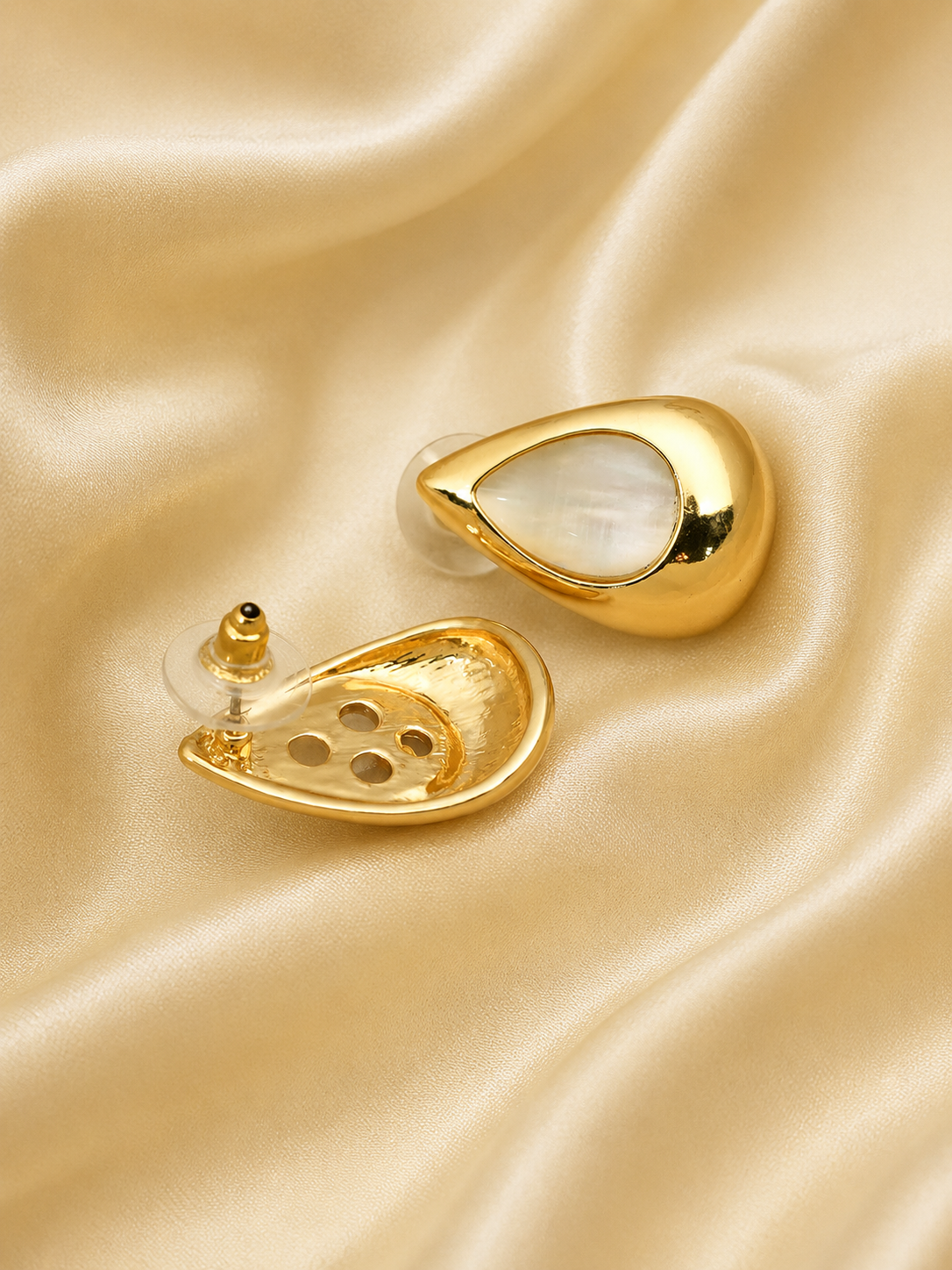 Zevar Club Glossy Gold Tone Stainless Steel Tarnish Free Waterproof Tear Drop-Shaped Mother of Pearl Stud Earrings for Women