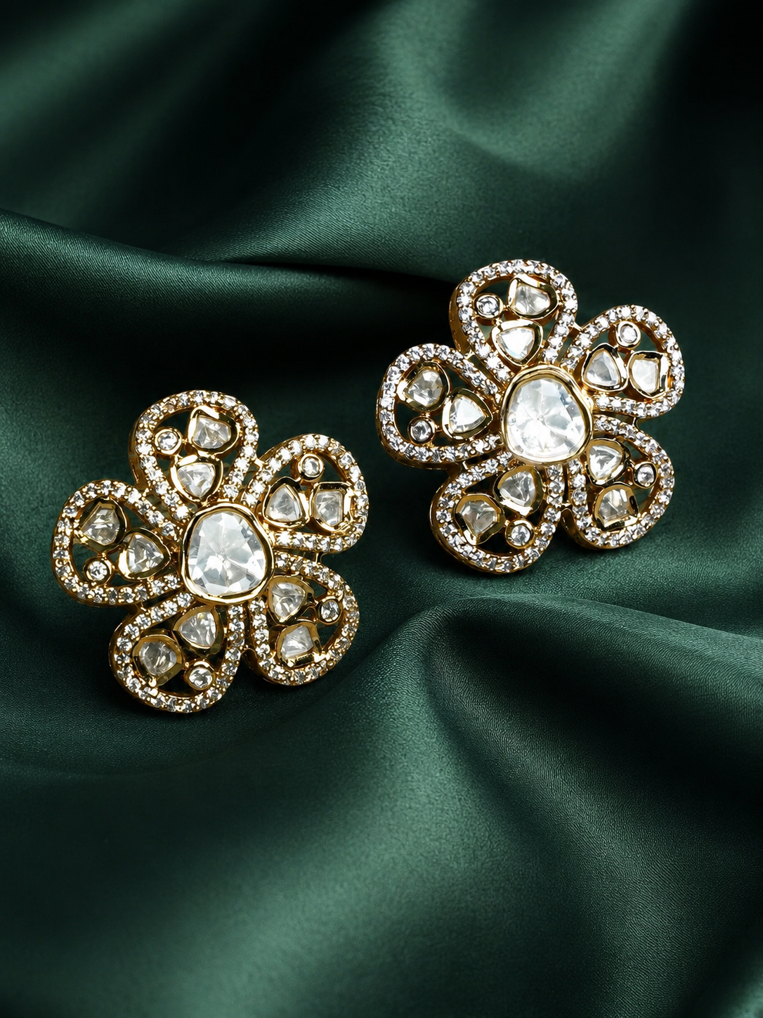 Zevar Club 12K Gold-Plated Flower Shaped Kundan Diamond Studs