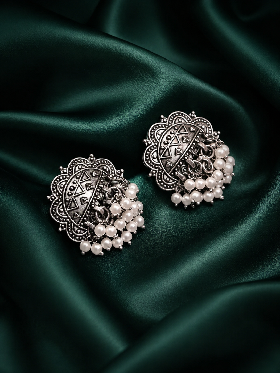 Zevar Club Antique Silver-Toned Statement Stud Earrings with Pearl Cluster Drops & Carved Motif
