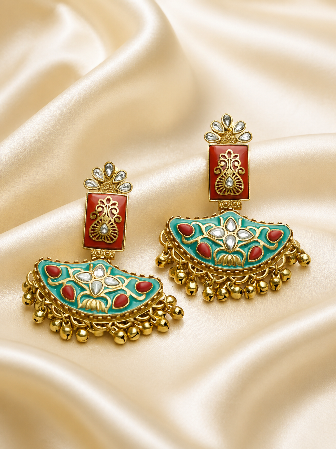 Antique Gold Turquiose Red Ghungroo Earrings
