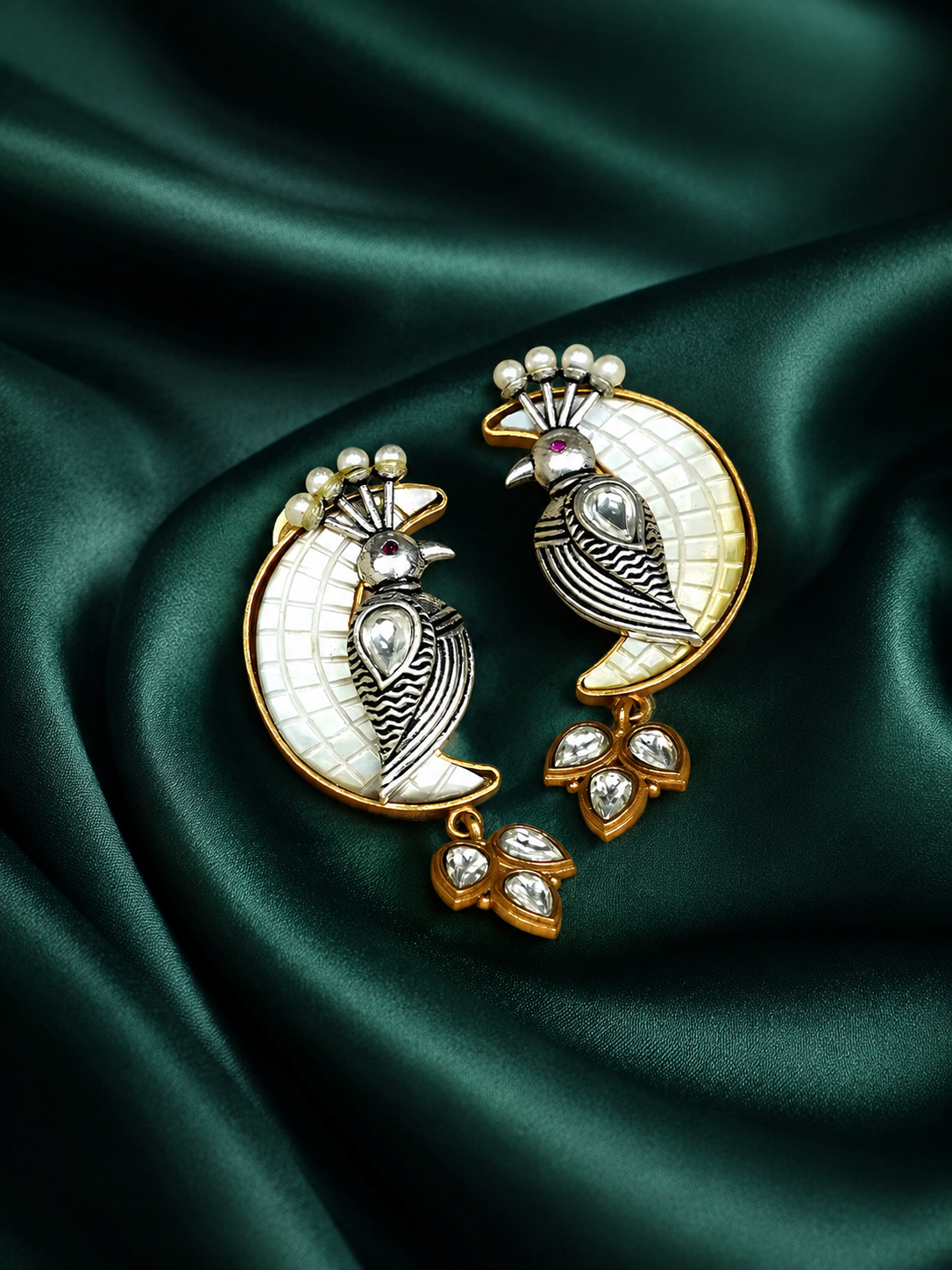 Zevar Club Dual-Tone Oxidised Silver & Gold-Plated Big Twin Bird Stud Earrings with White Kundan & Pearls