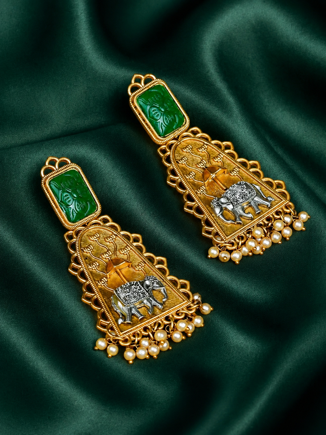 Zevar Club Oxidised Gold & Silver-Toned Elephant Motif Earring with Green Top & Pearls Drops