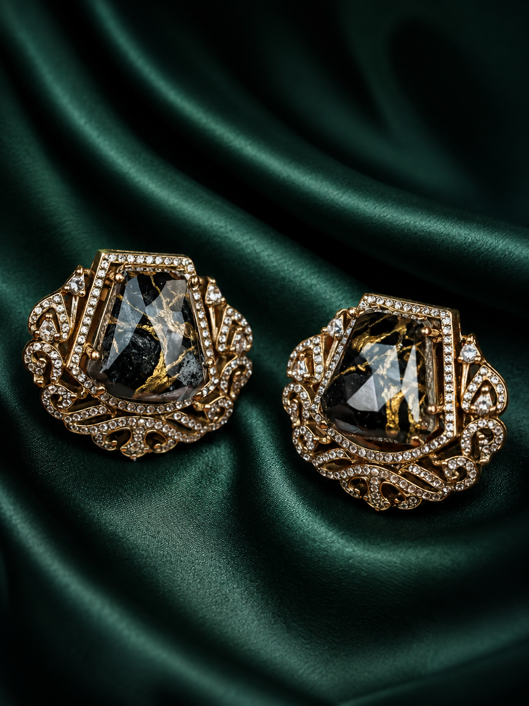 Zevar Club Gold-Tone Smoky Black Stone & AAA Cubic Zirconia Statement Stud Earrings