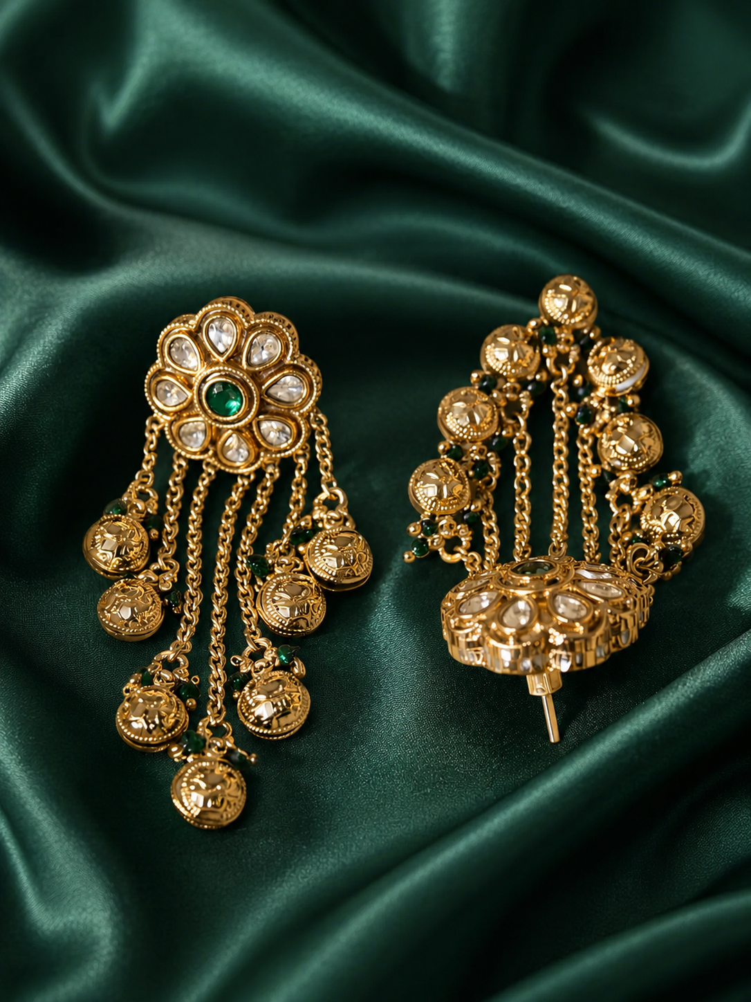 Zevar Club Emerald Green Gold Plated Ethnic Statement Drop Ghunghroo Earrings