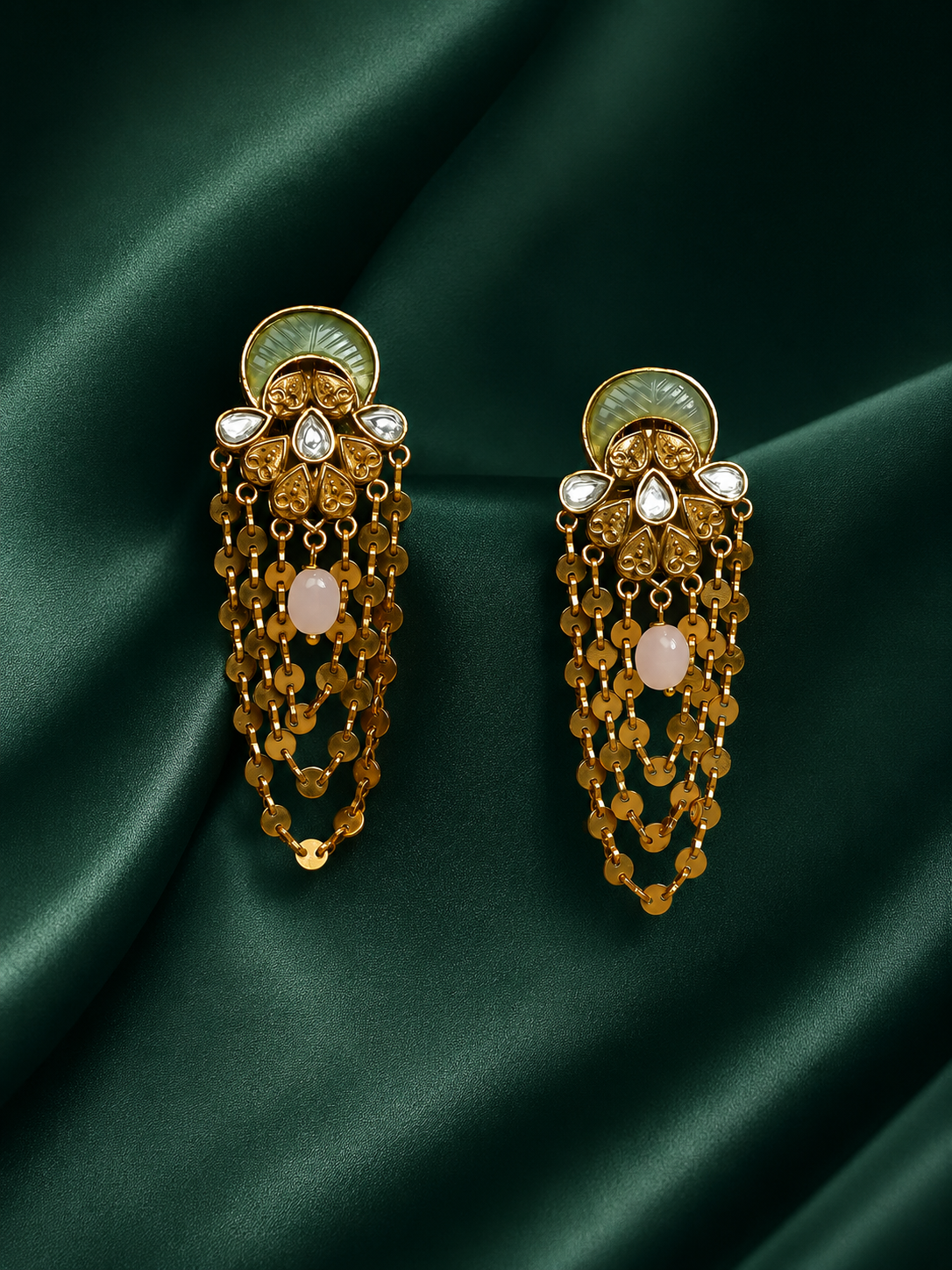 Zevar Club 22K Gold-Plated Handcrafted Pastel Green Enamelled Kundan Earrings with Peach Beads & Multi-Layered Gold-Toned Chains