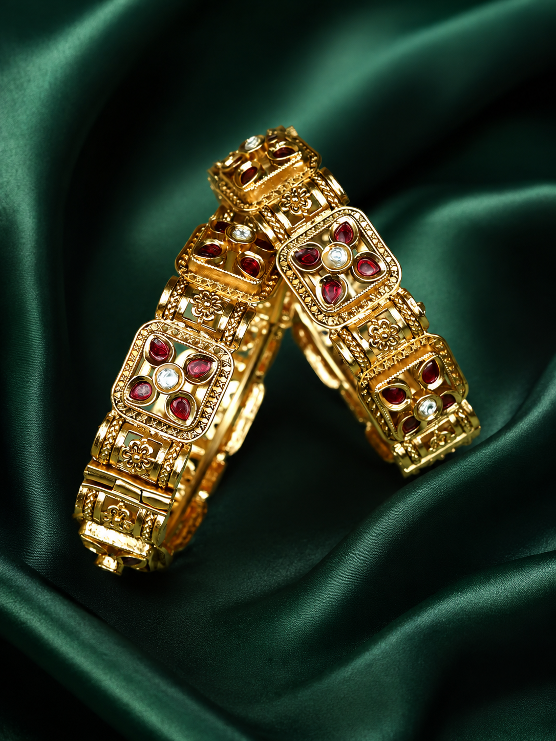 Zevar Club Set of 2 22K Gold-Plated Handcrafted Rajwadi Bangles with Ruby Red Stones & White Accents for Women