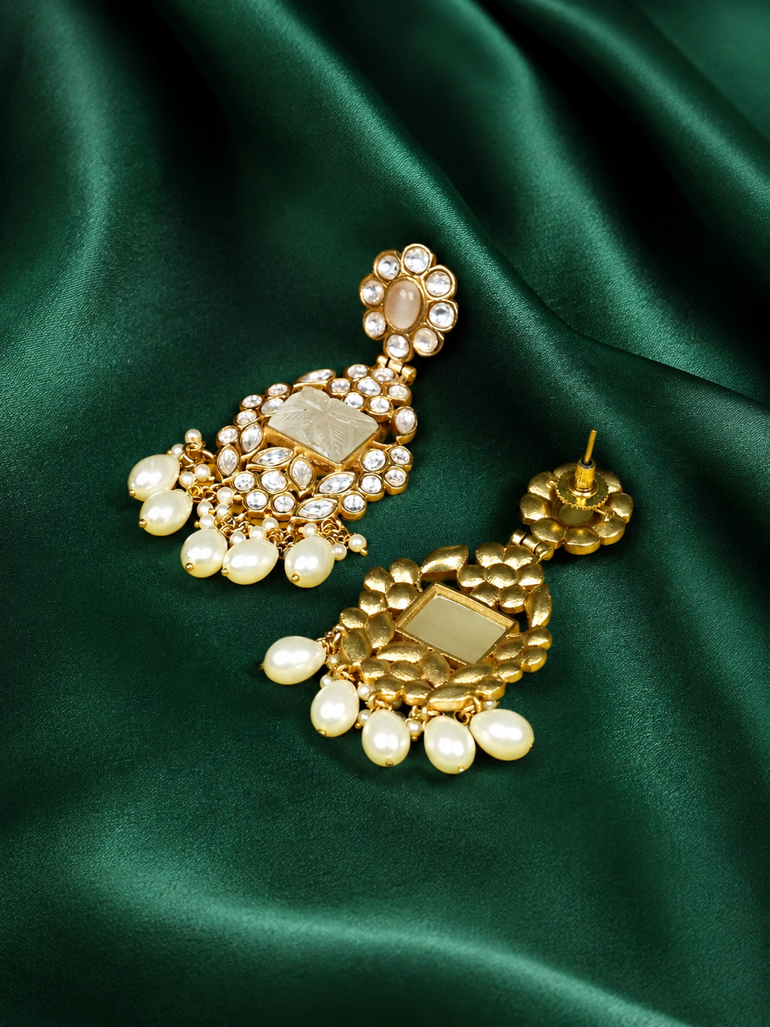 Zevar Club Handcrafted White Kundan Studded Rectangular Pendant Necklace Set with Multi-Strand White Pearl Beads & Dangling Earrings