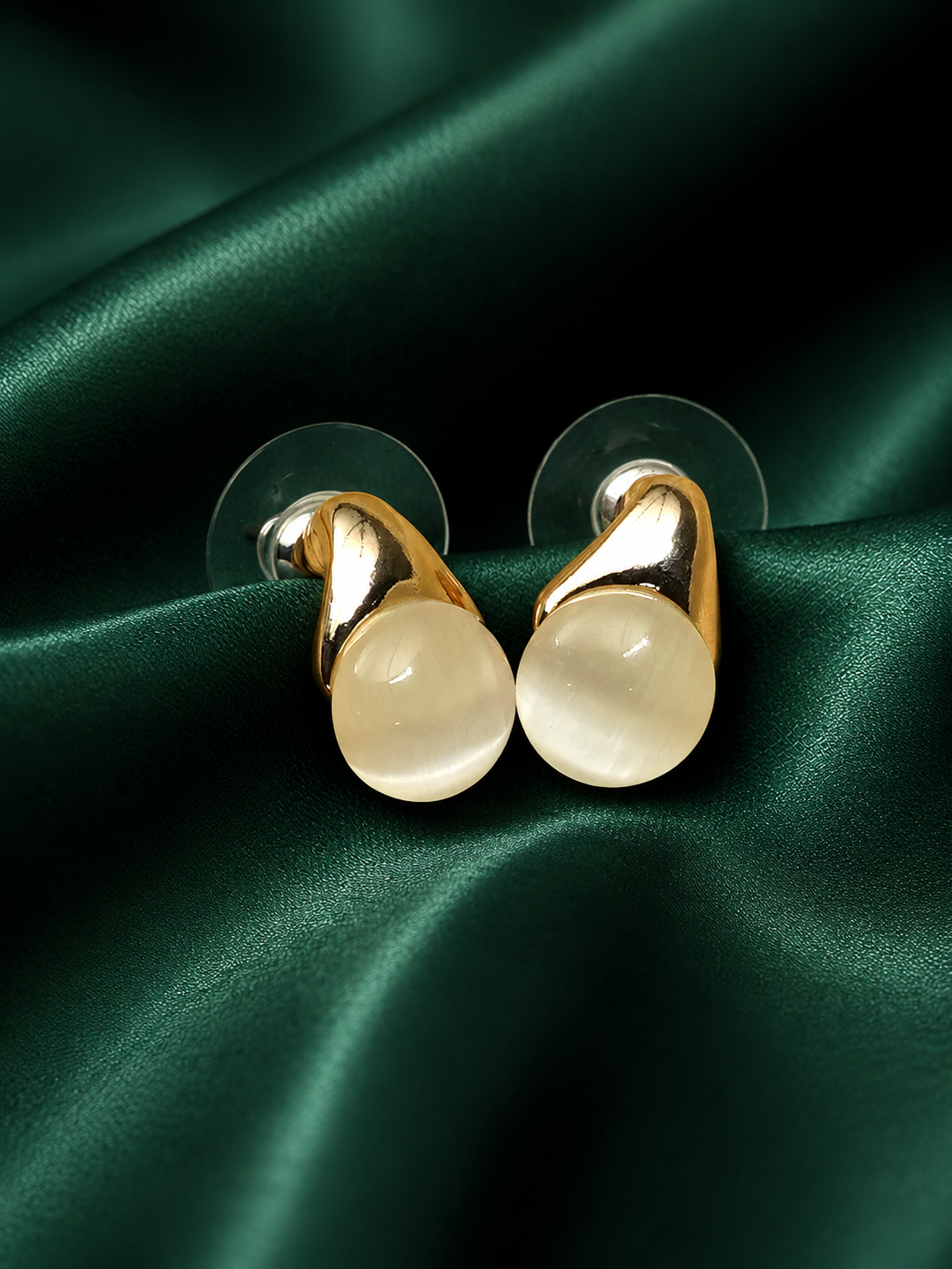 Zevar Club Silver Tone and White Stone Studded Stud Earrings with Glossy Curved Top for Women