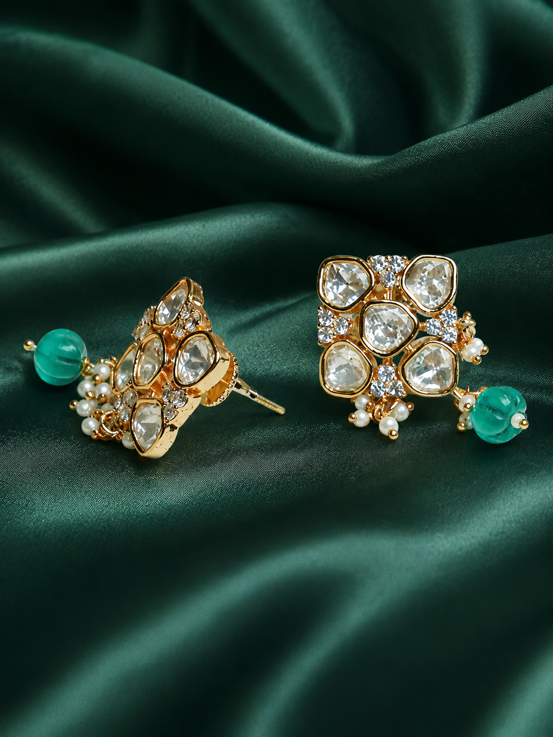 Zevar Club 12K Gold-Plated Rhombus Pastel Green Kundan Drop Earrings