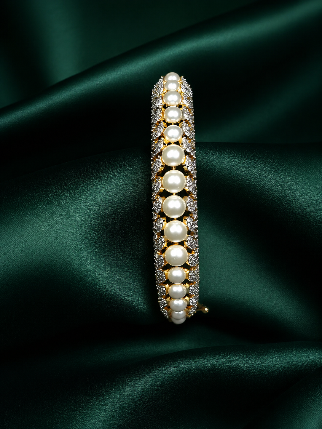 Zevar Club 22K Rhodium-Plated Handcrafted Pearl Embedded Design AAA Cubic Zirconia Studded Openable Bracelet