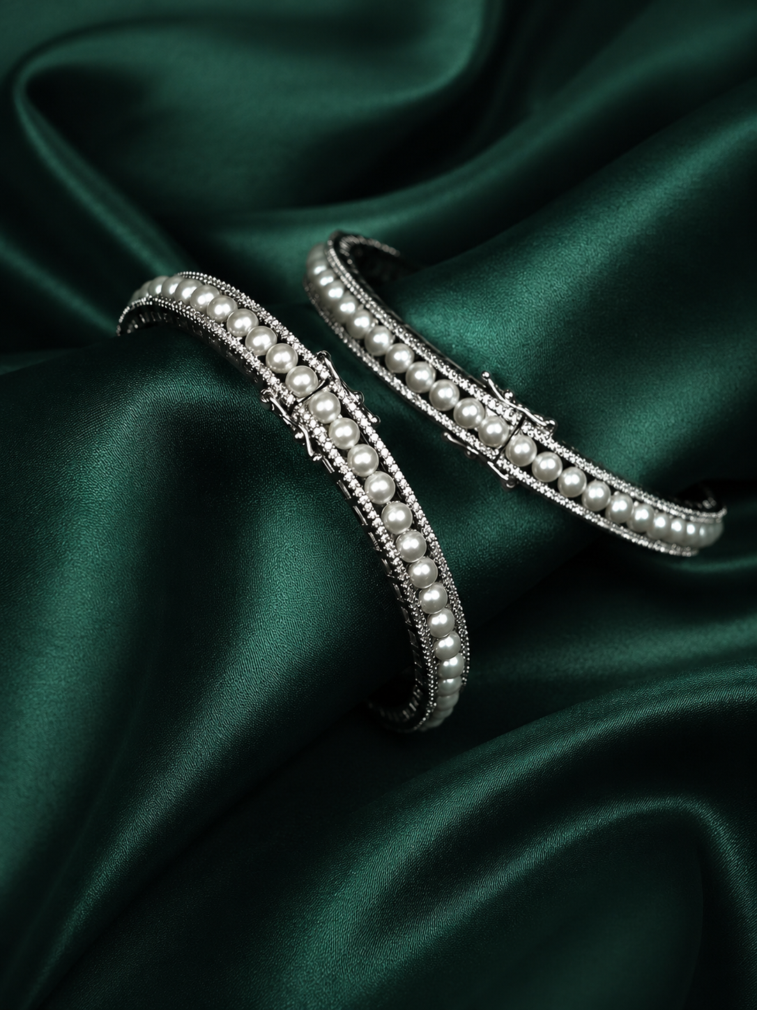 Zevar Club Set of 2 Rhodium-Plated Handcrafted Pearl Beaded & AAA Zirconia Premium Bangles