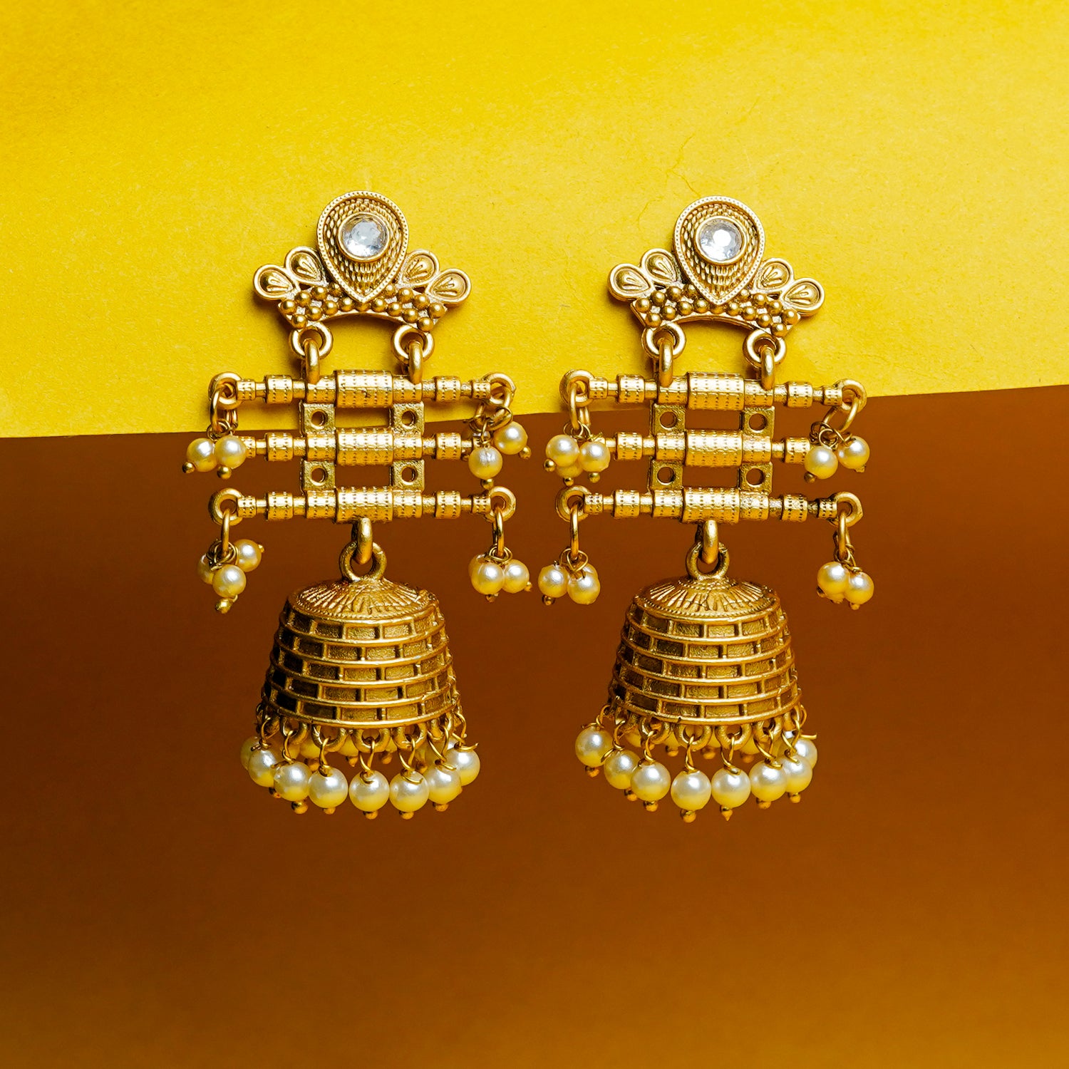 Zevar Club 18K Gold-Plated Red Kundan Studded Layered Traditional Jhumka Earrings with Pearls
