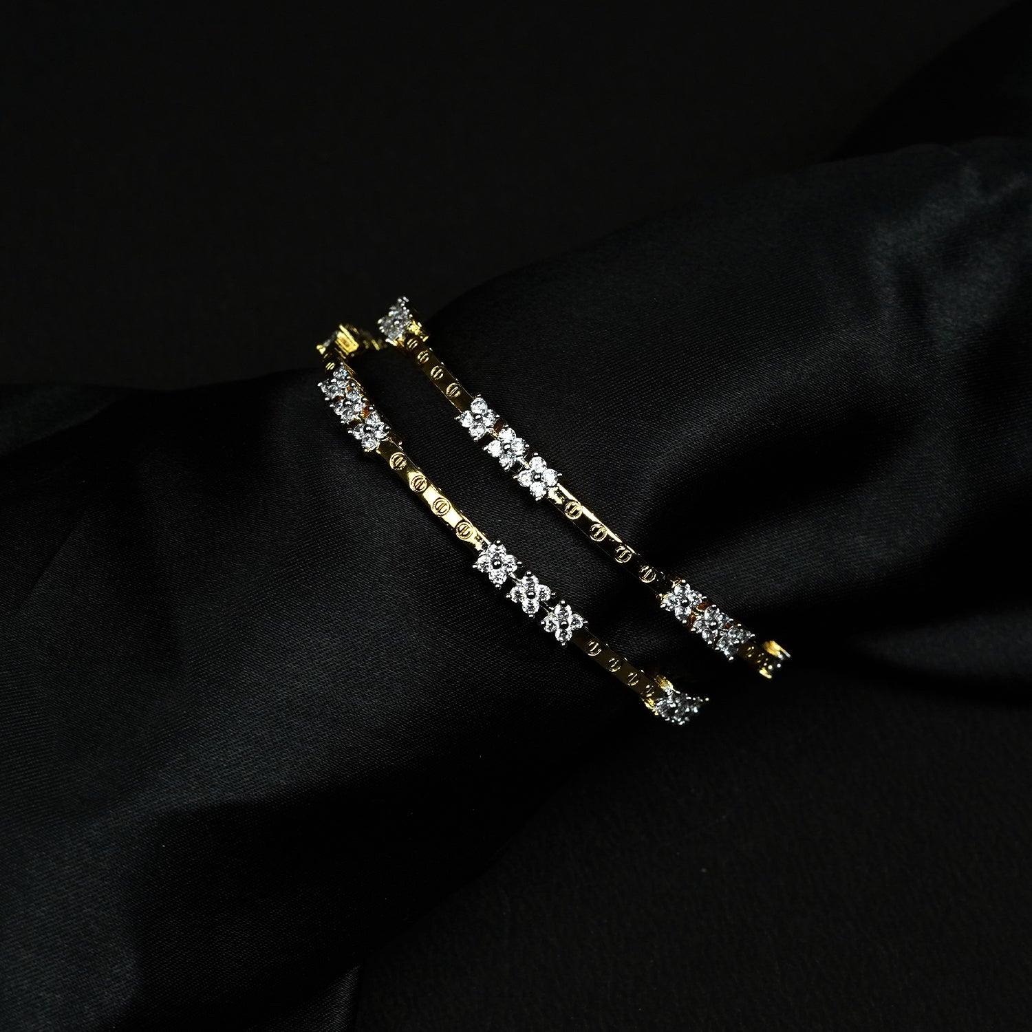 Zevar Club Set of 2 22K Gold-Plated Handcrafted AAA Cubic Zirconia Floral Cluster Premium Bangles