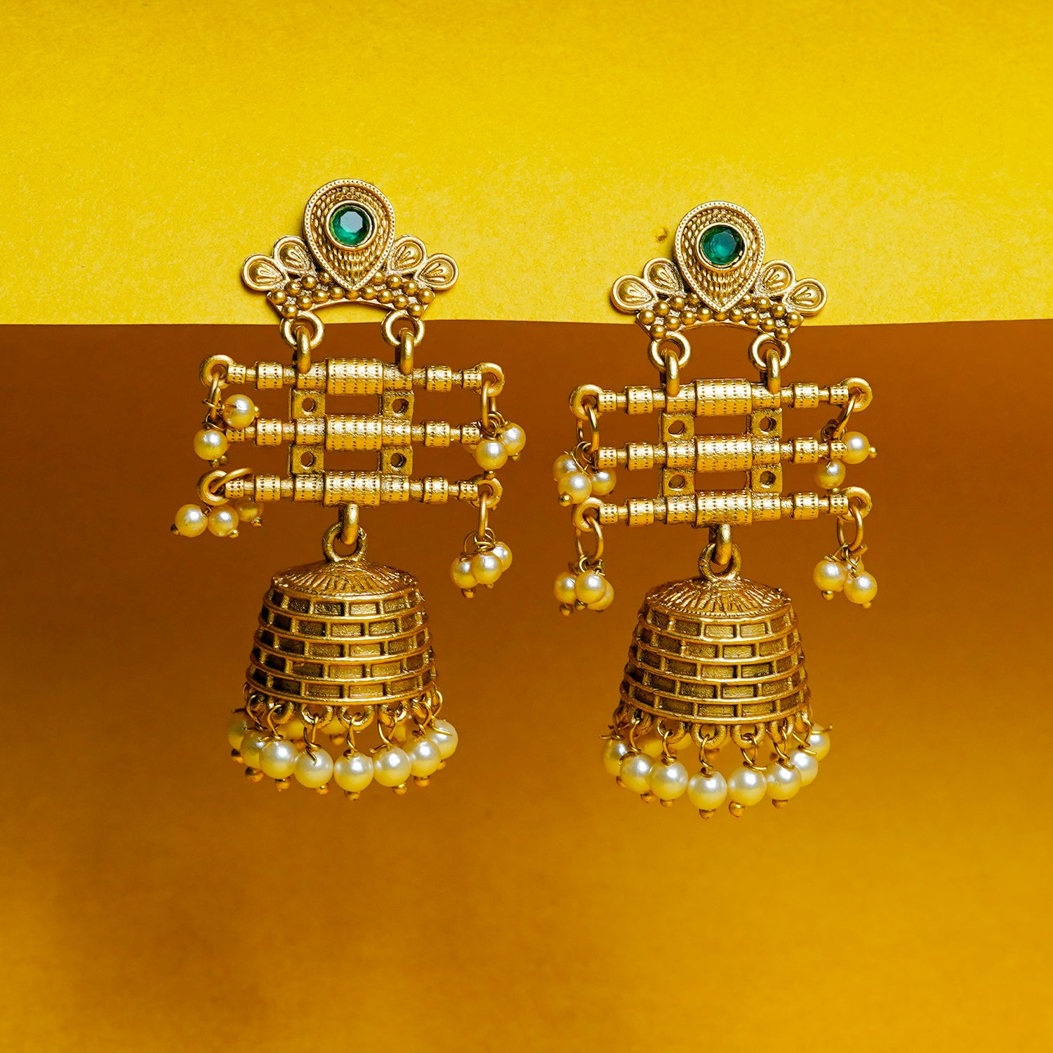 Zevar Club 18K Gold-Plated White Kundan Studded Layered Traditional Jhumka Earrings with Pearls