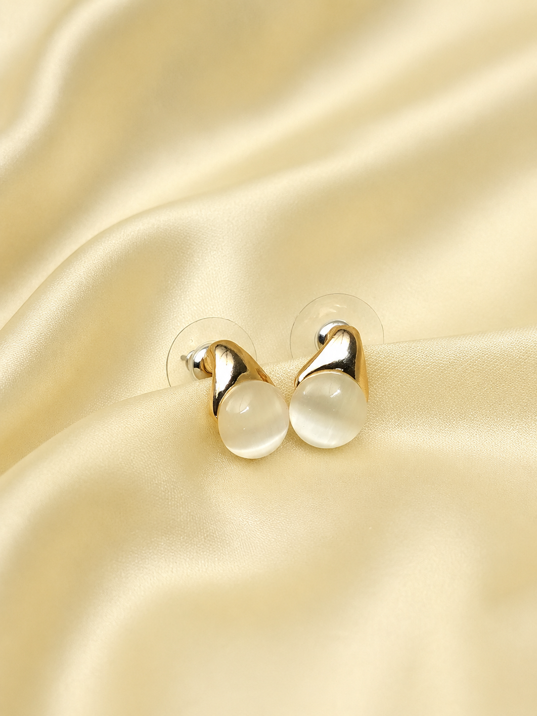 Zevar Club Silver Tone and White Stone Studded Stud Earrings with Glossy Curved Top for Women