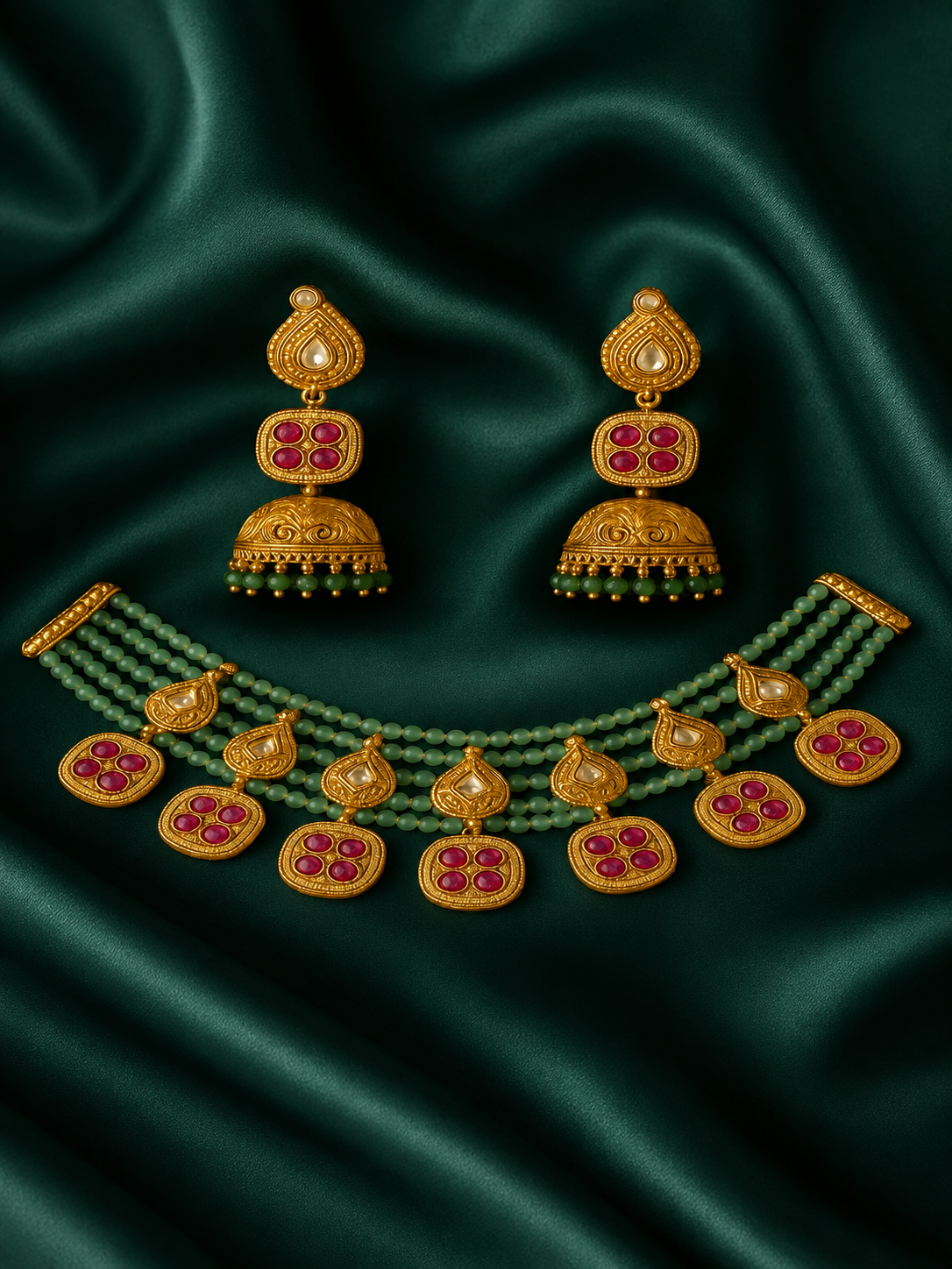 Zevar Club 22K Gold-Plated Aqua Blue Beaded & Purple Floral Kundan Statement Necklace Set