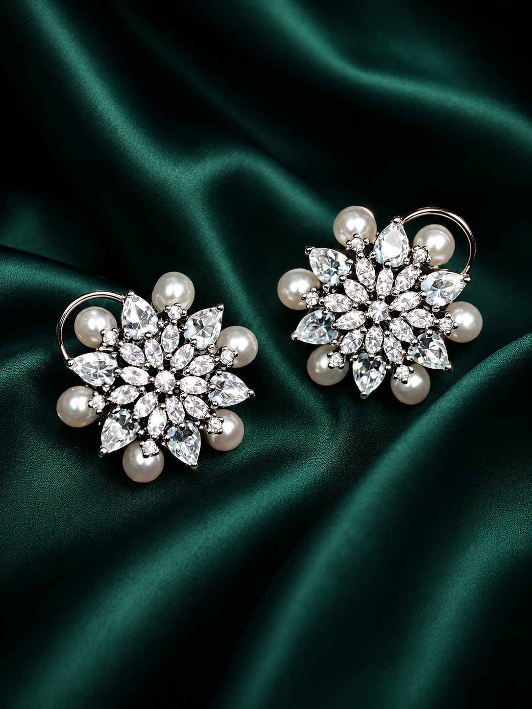 Zevar Club Rhodium-Plated Handcrafted Floral Cubic Zirconia & Pearl Stud Earrings