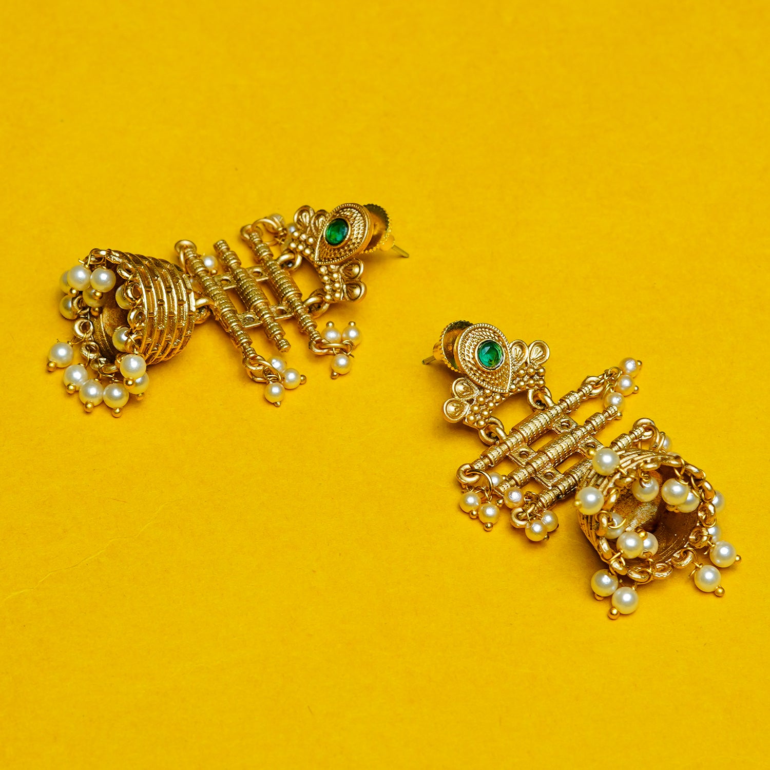 Zevar Club 18K Gold-Plated White Kundan Studded Layered Traditional Jhumka Earrings with Pearls