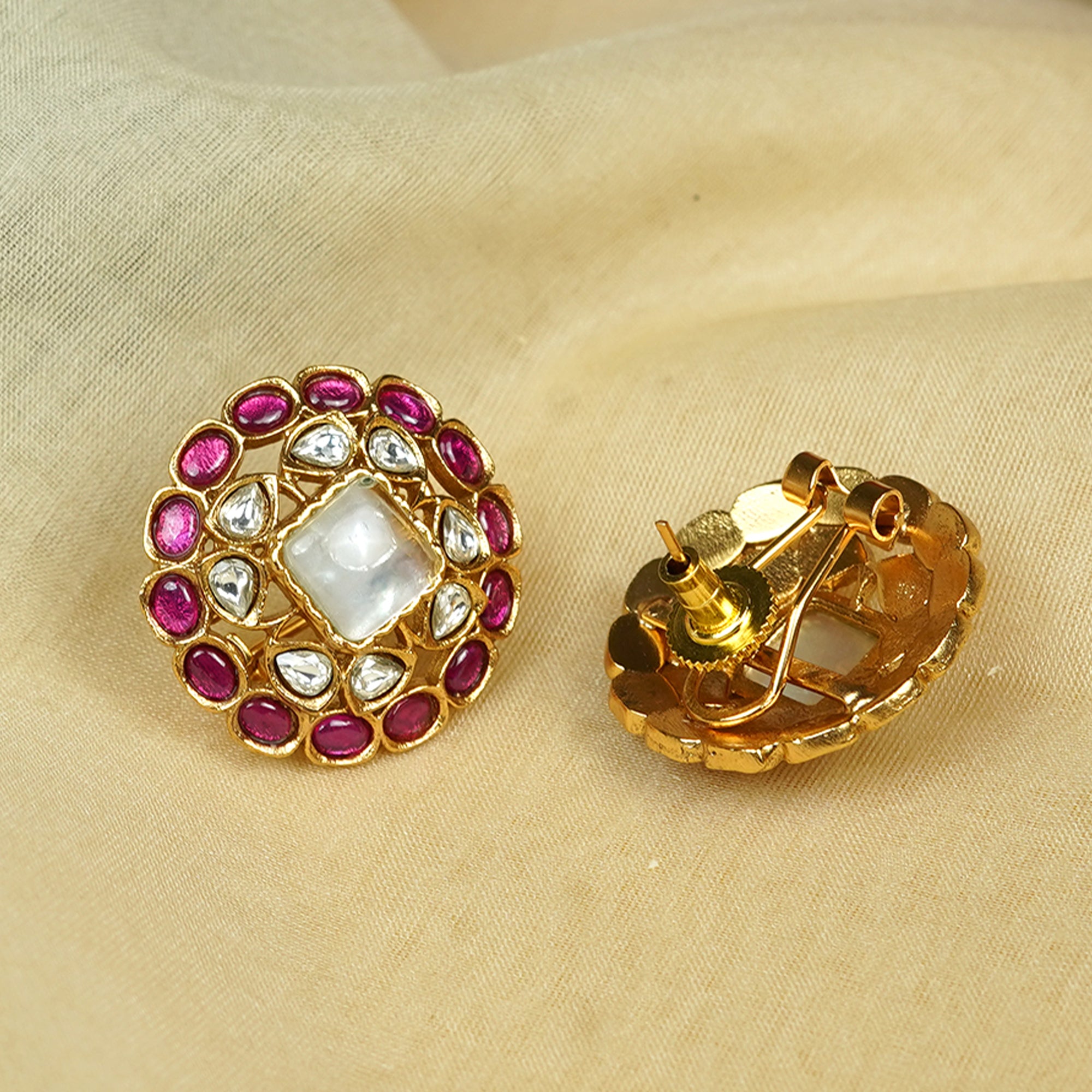 Zevar Club White Stone & Ruby Pink Studded Handcrafted Choker Necklace Set with Kundan & Pearl Beaded Detailing
