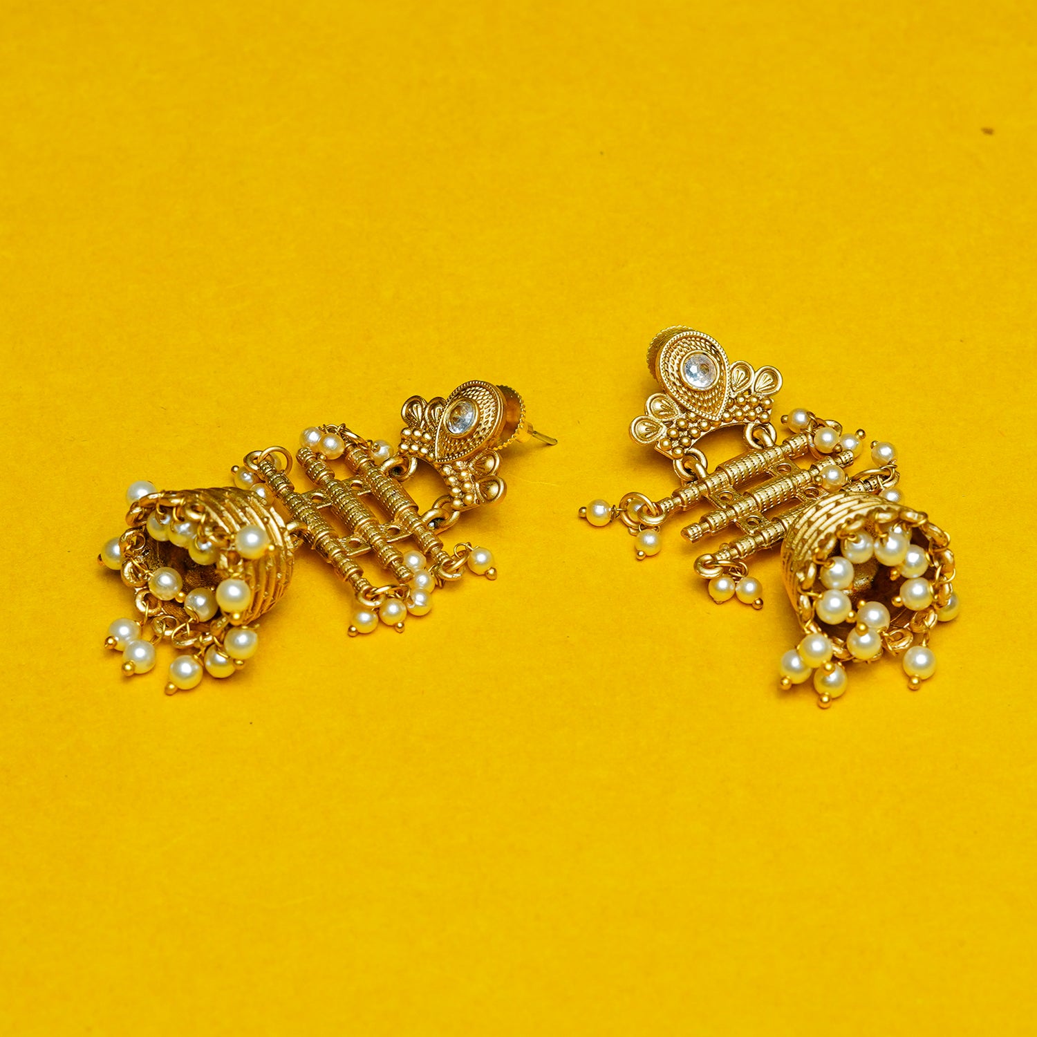 Zevar Club 18K Gold-Plated Red Kundan Studded Layered Traditional Jhumka Earrings with Pearls