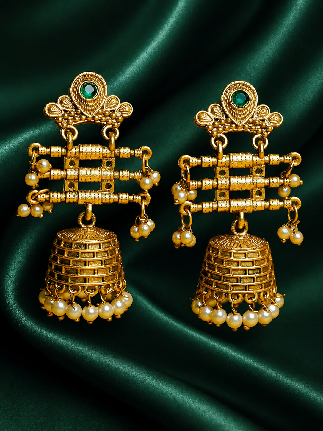Zevar Club 18K Gold-Plated White Kundan Studded Layered Traditional Jhumka Earrings with Pearls